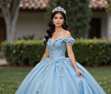 A professional portrait of a quinceañera wearing a tiara and an elegant soft sky blue gown, captured with a shallow depth of field in a South American / Colombian garden. The style is modern, professional, and minimalist.