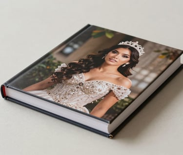 Close-up photography of a luxury photobook with a custom cover featuring a quinceañera portrait. The book is placed on a minimalist muted off-white surface, shot in a South American / Colombian studio setting with soft natural light.