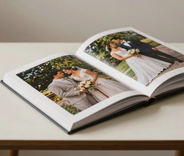 Close-up of a high-quality wedding photobook on a minimalist table in a South American / Colombian studio. The pages show vibrant social event photos. Professional studio lighting, soft off-white background with dark charcoal details.