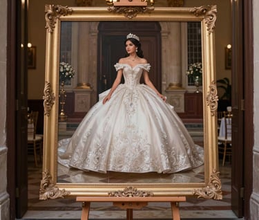 A large, elegant framed canvas print of a quinceañera in a voluminous gown, placed on an ornate easel at the entrance of a grand ballroom in a South American / Colombian venue.