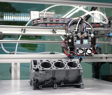 La imagen muestra una impresora 3D fabricando un motor V8 para un coche.