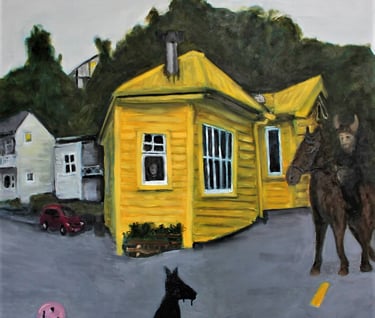 a painting of a dog and a cat on a street