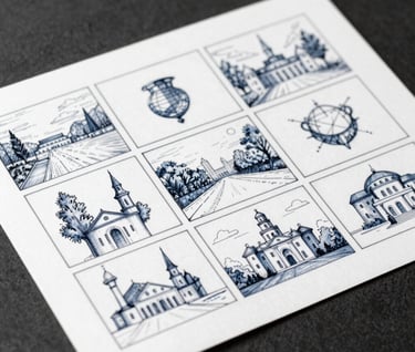 A hand-drawn storyboard laid out on a dark textured surface. The sketches are precise and artistic, with #86A3B8 pen marks on #F8F8F8 paper. Understated luxury style.