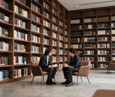 Two individuals engaged in a serious discussion in a modern, minimalist library with floor-to-ceiling dark wood shelves. The scene is shot with a wide-angle lens, creating a sense of space and intellectual luxury.