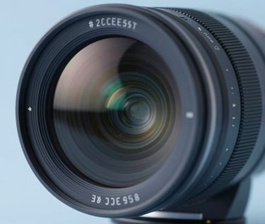 Close-up of a high-end cinema lens reflecting a studio environment, featuring a palette of #2C3E50 and #86A3B8. Sharp focus, professional aesthetic, elegant lighting.