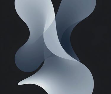 An abstract, minimalist art piece featuring fluid, ethereal shapes in #86A3B8 and #2C3E50 floating on a solid #0A0A0A background. Modern and intellectually deep composition.