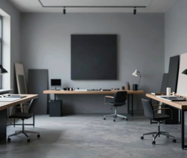 A thoughtful, wide shot of an elegant studio workshop space. Mood is quiet luxury with minimalist furniture and high-quality artistic equipment. Colors dominated by #0A0A0A and #2C3E50.