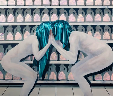 Surreal oil painting of two figures under a blue cloth against a backdrop of detergent jugs.