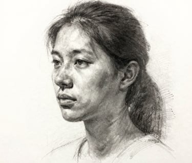 Detail of a charcoal drawing on high-quality paper, showing delicate textures and strokes in #1A1A1A, minimalistic composition, focused lighting.