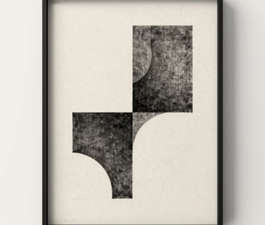 A minimalist charcoal drawing on textured #F9F7F0 paper, framed in a simple thin #1A1A1A frame. The artwork depicts abstract geometric forms with sophisticated restraint.