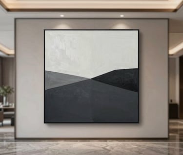 A luxury interior setting featuring a large minimalist painting from the ZAXAPH collection on a central wall, reflecting an atmosphere of exclusive high-end design with #1A1A1A accents.