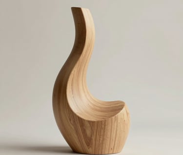 A minimalist wooden sculpture with organic flowing lines, placed against a clean #CFC8B7 background. Soft warm lighting emphasizes the natural texture and the brand's sophisticated atmosphere.