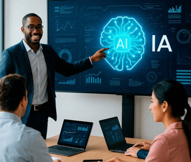 Jovem lĂder usando inteligĂȘncia artificial para engajar a equipe com base em dados.