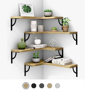 a corner shelf with a planter and a potted plant