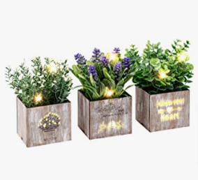 three wooden box style planters with a wooden box with a light up the side