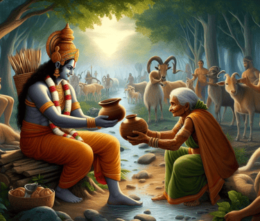 Ram accepting a clay pot of butter from an old tribal lady