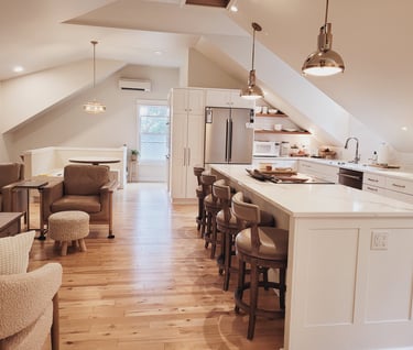New White Kitchen, white counters, wood floating shelves, ADU renovation