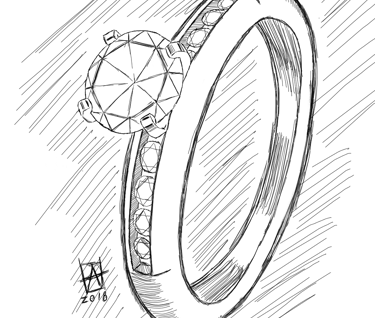 Dibujo Sketch de Anillo de Compromiso Oro Blanco 14k con Diamantes Laterales