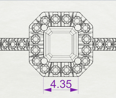 Vista Superior Sketch Acotado Anillo de compromiso Cushion Halo