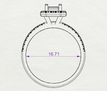 Vista Frontal Sketch Acotado Anillo de compromiso Cushion Halo