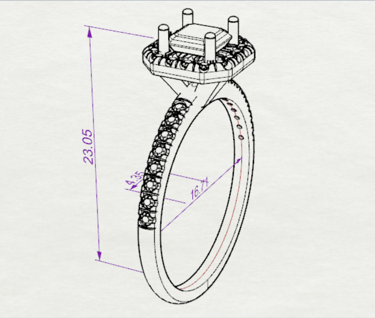Vista Isometrica Sketch Acotado Anillo de compromiso Cushion Halo