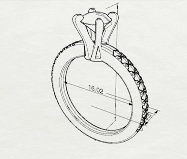 Vista Isometrica Sketch Dibujado Anillo de Compromiso con Diamantes Laterales