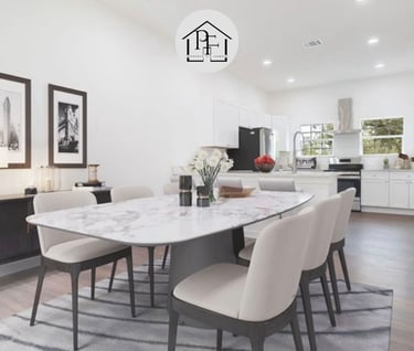 AI-staged dining area with open-concept kitchen in Wimberley custom home