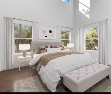 AI-staged primary bedroom with spacious layout and modern design in custom Texas home