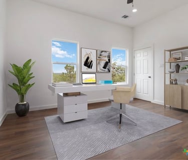 AI-staged home office with panoramic Hill Country views from windows 