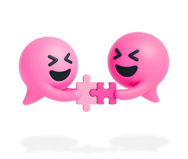 Two Blabit bubbles with closed smiling eyes connecting puzzle pieces together
