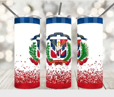 a tumbler cups with a Coat of arms of the Dominican Republic.