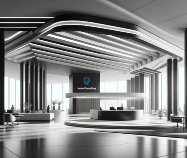 a lobby area with a reception table and chairs