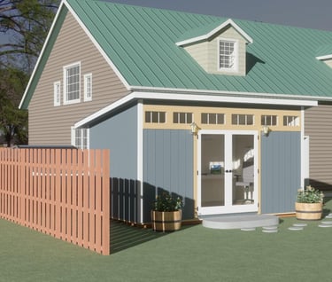 Small office building behind large house