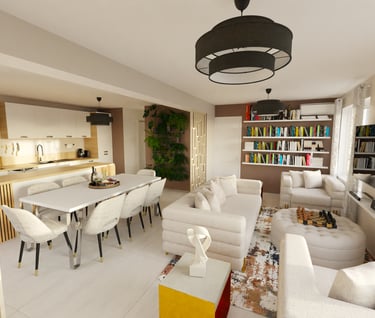 a living room with a table and chairs