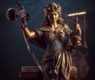 a statue of a lady justice with a video camera in her hand