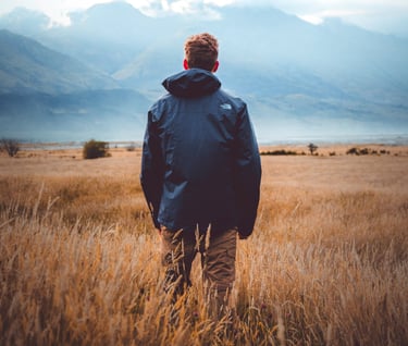 Man in open field contemplating nature