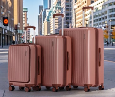 three suitcases with luggage bags on the sidewalk