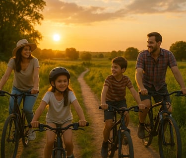 Famille à vélo sous un soleil couchant - Journée mondiale du vélo.