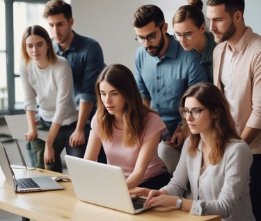 men and women sitting and standing while staring at laptop