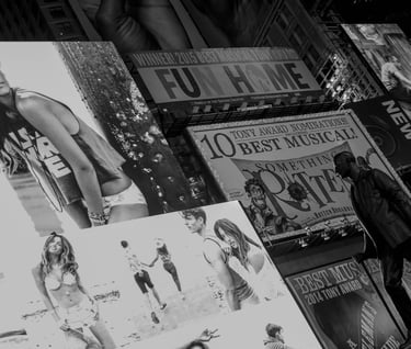 a man standing in front of a wall with a lot of posters