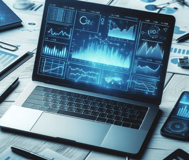 A laptop computer sitting on a desk with finance data