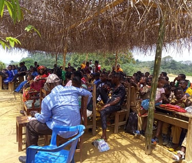 a group of people sitting at tables in a field