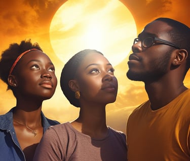 a group of people standing in front of a sunlit sunlit sky