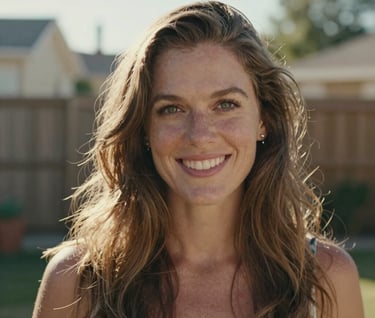 A candid portrait of a woman smiling naturally, looking away from the camera, in a sun-lit North American / General Western backyard. Soft sand highlights on her hair and a warm, inviting professional photography style.