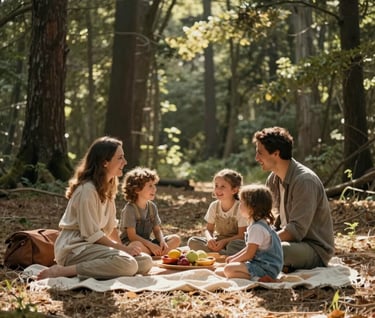 A family picnic scene in a North American / General Western forest clearing. Warm blankets in soft sand colors, cinematic composition, sunbeams filtering through the trees, and genuine laughter.
