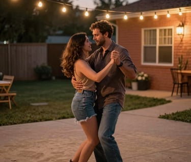 A candid, authentic moment of a couple dancing in a North American / General Western backyard at dusk. Warm string lights reflect the brand's soft sand and terracotta palette.