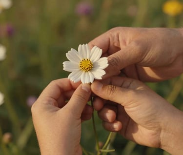 A detail shot of an adult hand and a child's hand holding a single wildflower in a North American / General Western garden. Focus on skin textures and petals, warm golden lighting, and a cinematic shallow depth of field.
