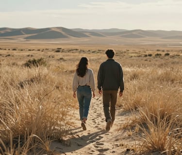A cinematic shot of a couple walking away through a field of soft sand colored dried grass in a North American / General Western landscape. The lighting is warm and back-lit.