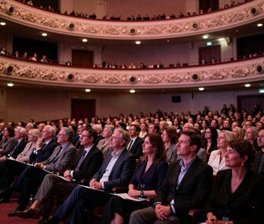 A wide-angle shot of a sophisticated audience sitting in a grand North American / US theater, their silhouettes visible against the warm, rose-tinted glow of the stage lights. The atmosphere is quiet, respectful, and attentive.