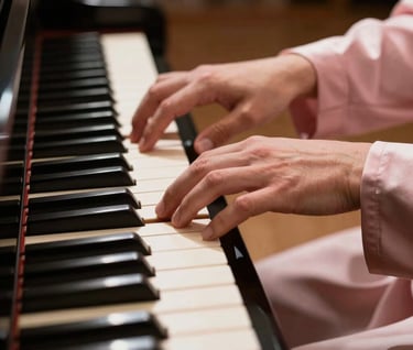 A close-up of a hand playing a piano in a sunlit North American / US music studio, with a hint of a Soft Petal Pink silk sleeve and Creamy Pearl piano keys.